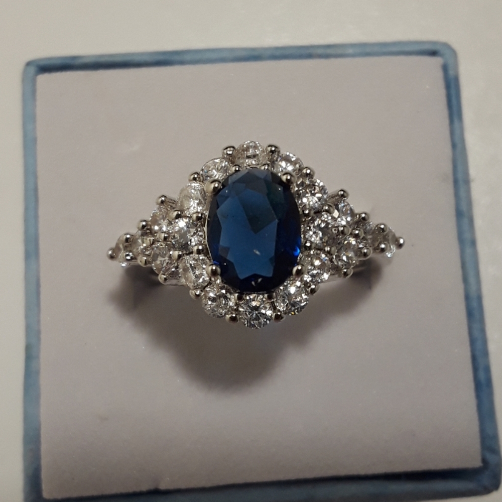 925 Silver blue and white sapphire ring size 7